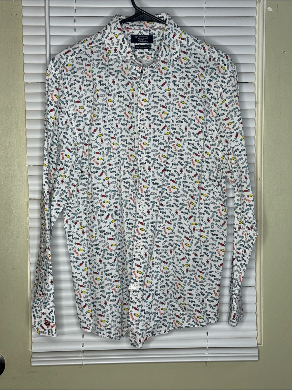 Original Penguin White Button-Down Shirt with Multicolor Print, size 15 32/33